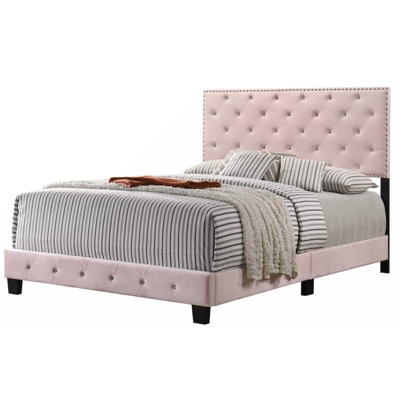 Pink Velvet Platform Bed with Nailhead Trim, Full Size