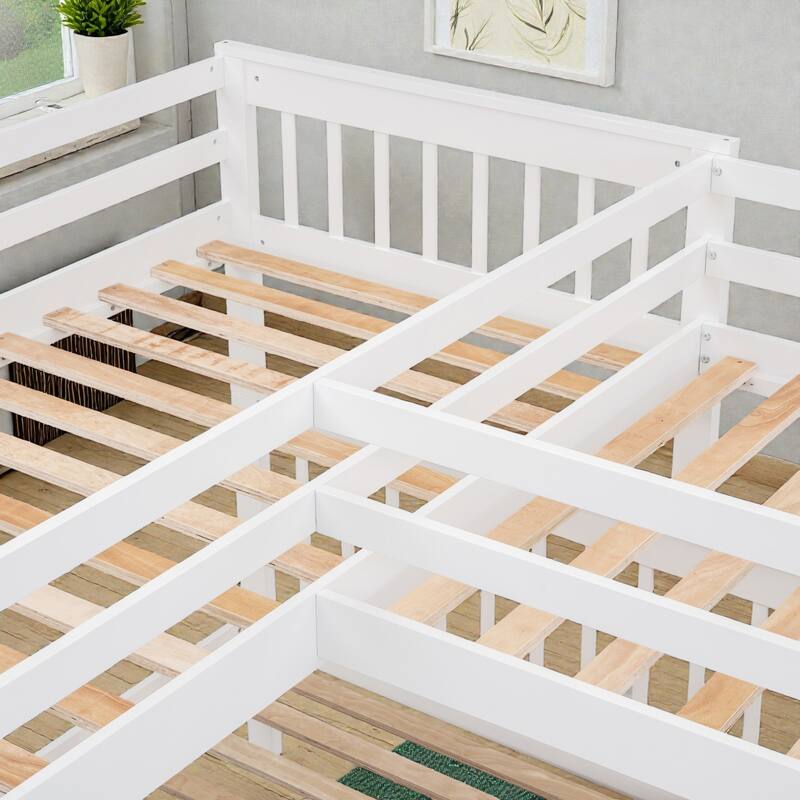 Twin Twin Over Full L-Shaped Bunk Bed with Drawers, Wardrobe and Retractable Desk, Pine Wood Frame