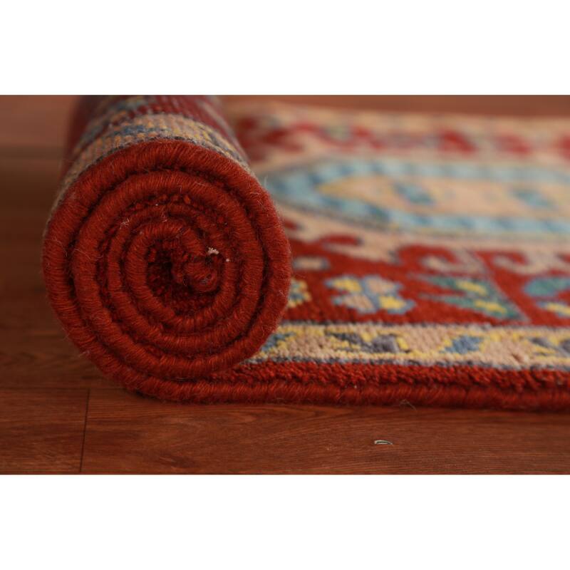Red Geometric Khotan Indian Runner Rug Hand-Knotted Wool Carpet - 2'7"x 7'8"