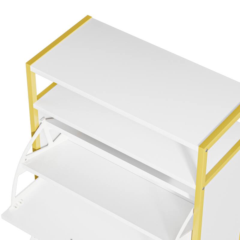 VECELO White and Gold Shoe Storage Cabinet with 2 Flip Drawers & Open Shelf Entryway Organizer for Hallway and Living Room