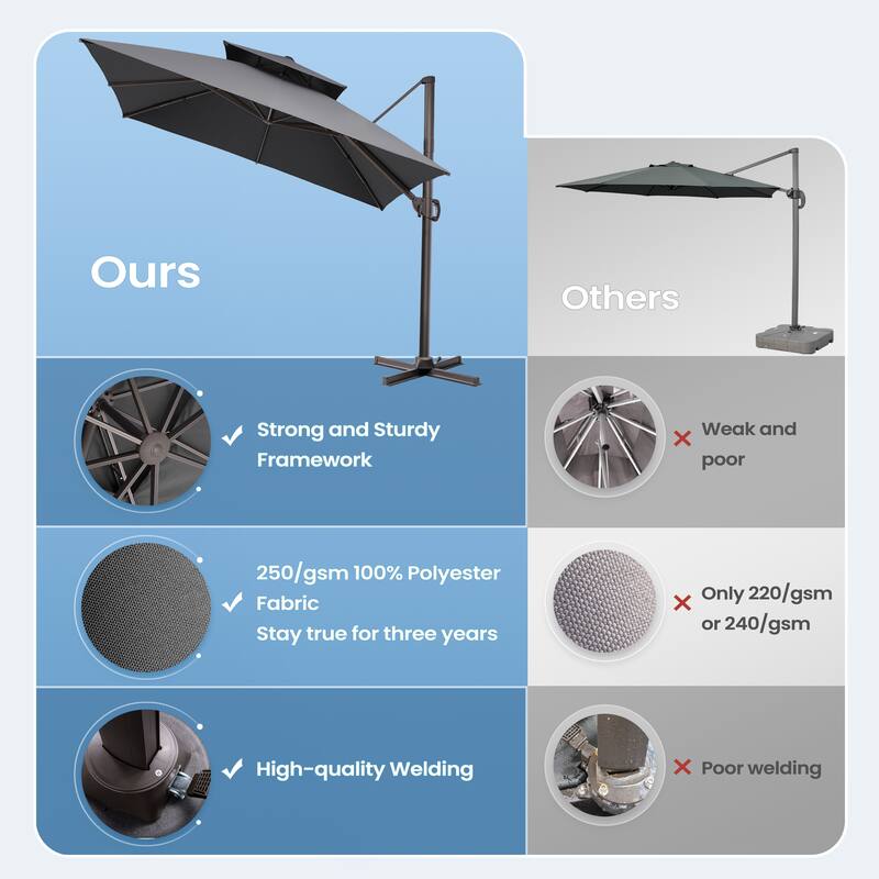 11 x 11 FT Outdoor Square Cantilever Offset Umbrella 360 Degrees Rotation with Base