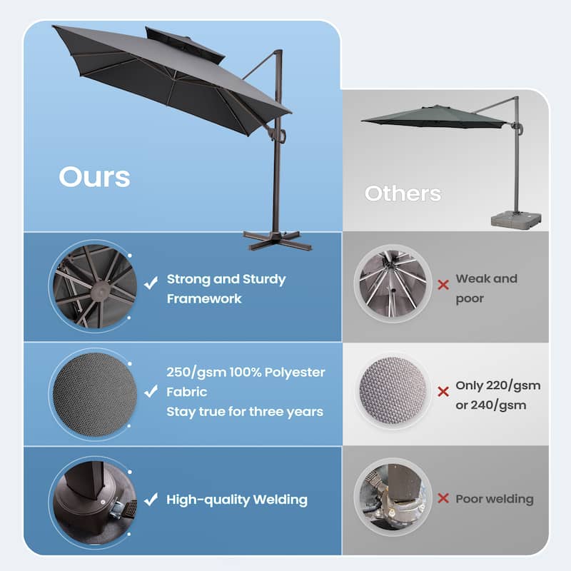 Outdoor 10 x 10ft Square Double Top Patio Cantilever Umbrella with Base