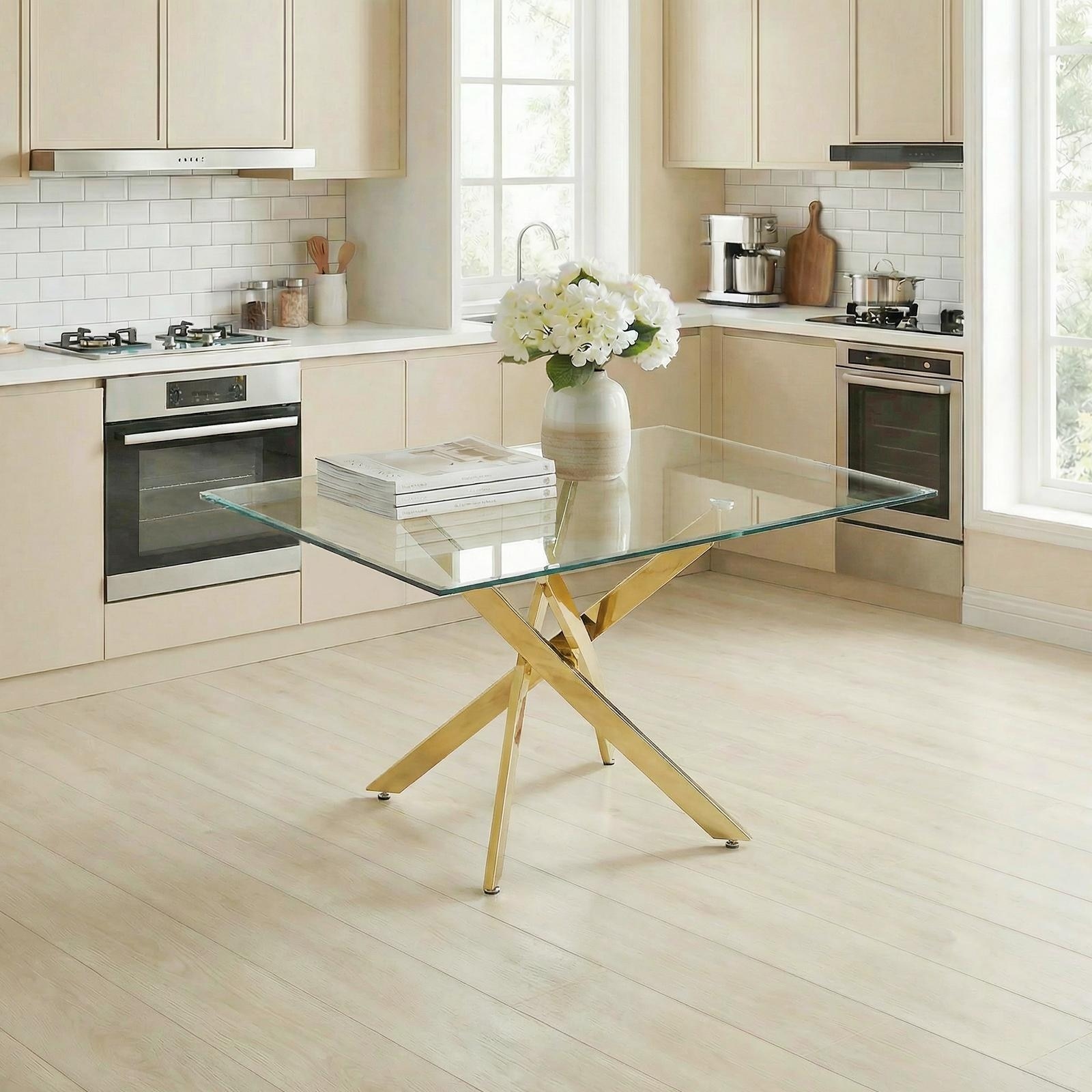 Modern rectangular tempered glass tabletop with a golden iron frame