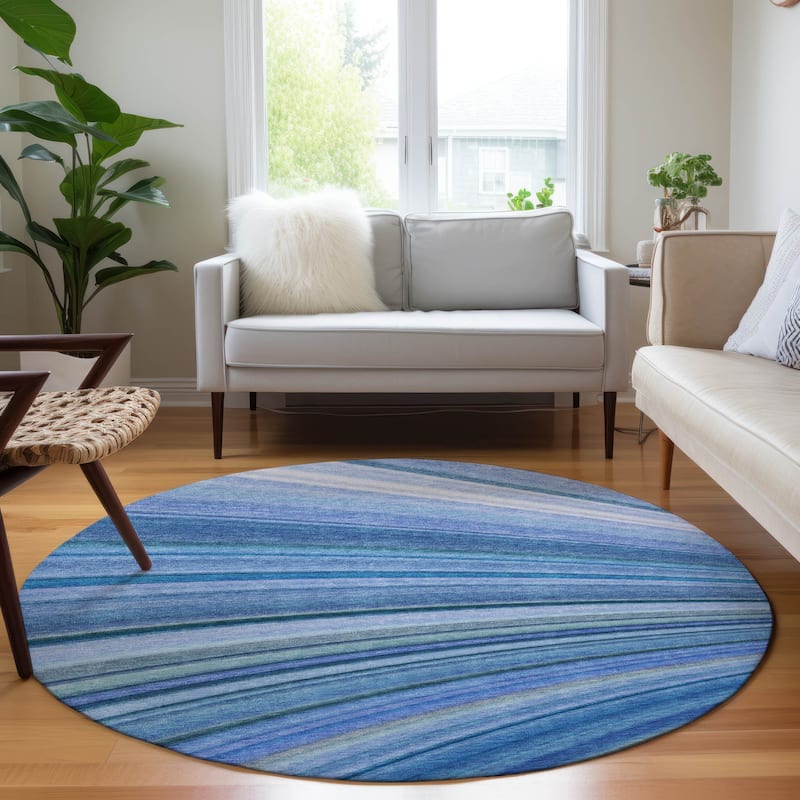 Machine Washable Indoor/ Outdoor Chantille Modern Burst Rug - Blue - 8' x 8'