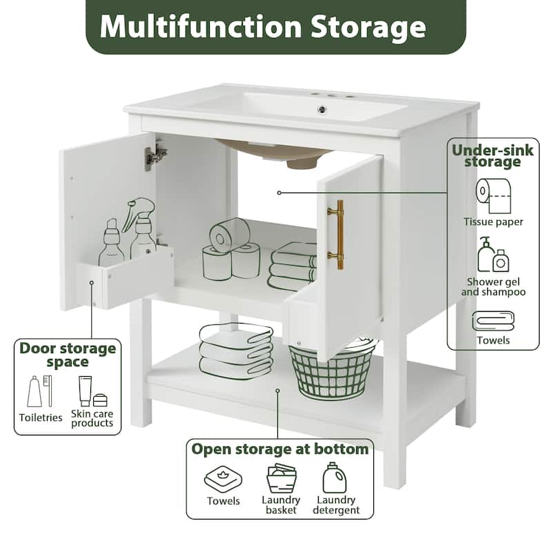 30 in. W x 18 in. D x 34 in. H Single Sink Freestanding Bath Vanity with White Ceramic Top