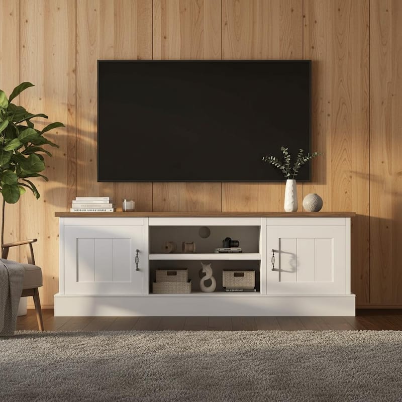 Farmhouse TV Stand, with Storage Cabinets - White+Brown