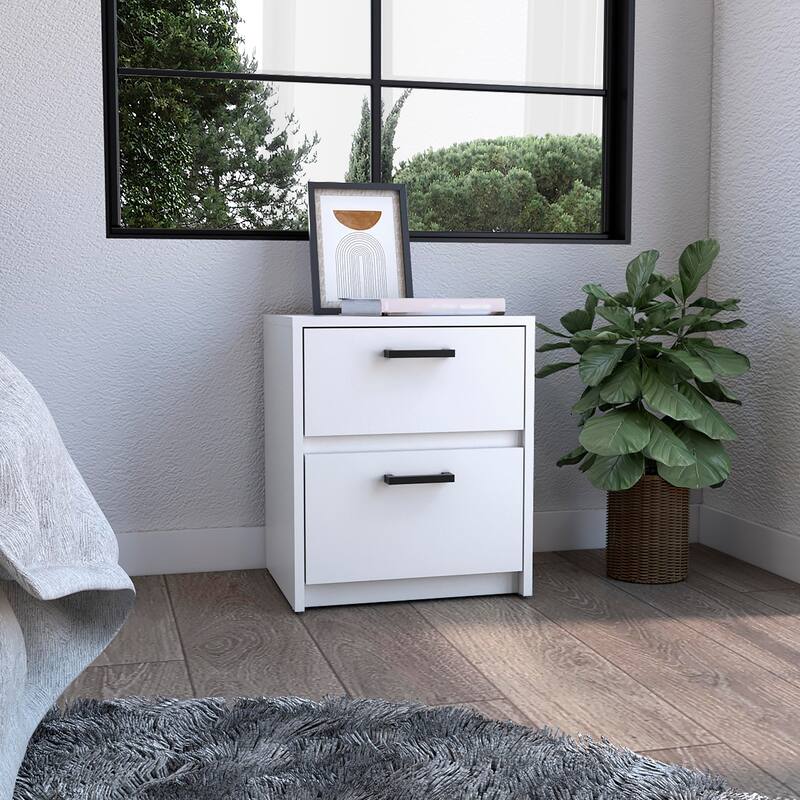 Modern Black Nightstand, Double Drawer with Metal Handles, 15.75"x12.72"x18.58" - White