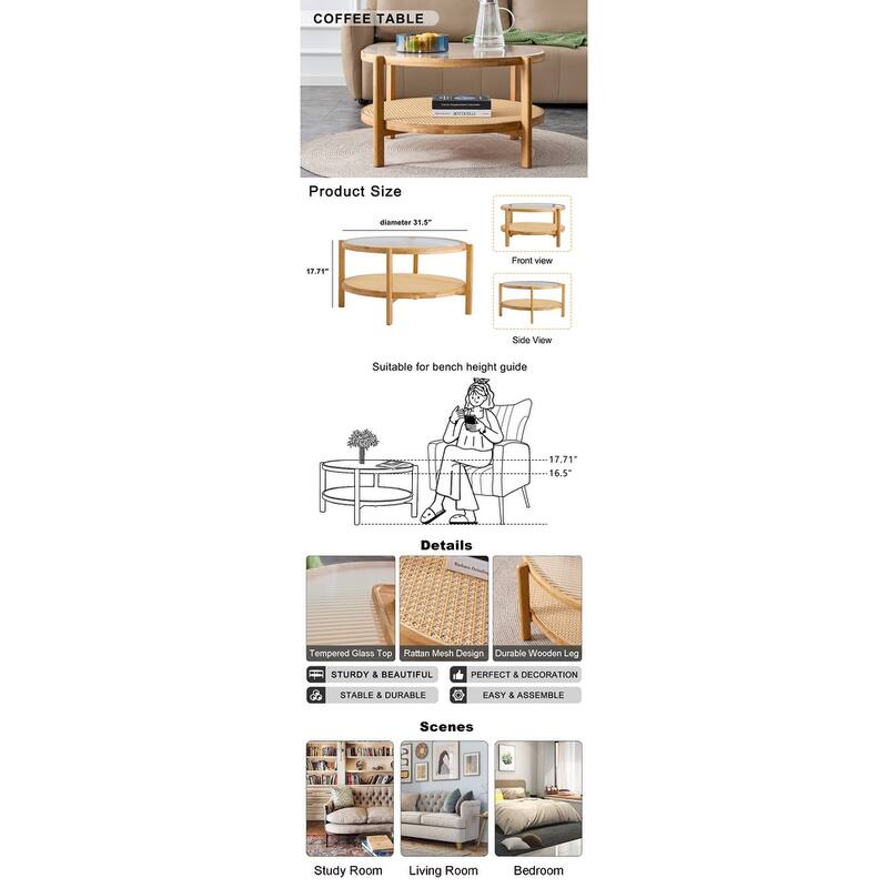 Circular Double-Layer Coffee Table, Glass Coffee Table with Open Rattan Storage Shelf Solid Wood Frame Tea Table