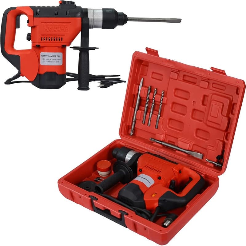 Rotary Hammer Drill 1100W 1-1/2" SDS Plus with Drill Bits & Case - Red