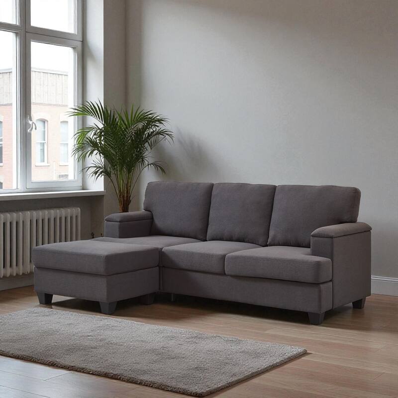 86" L-Shaped Sectional Sofa with Armrest Storage, Movable Ottoman, Thick Cushions, Linen Upholstery for Living Room - Dark Grey