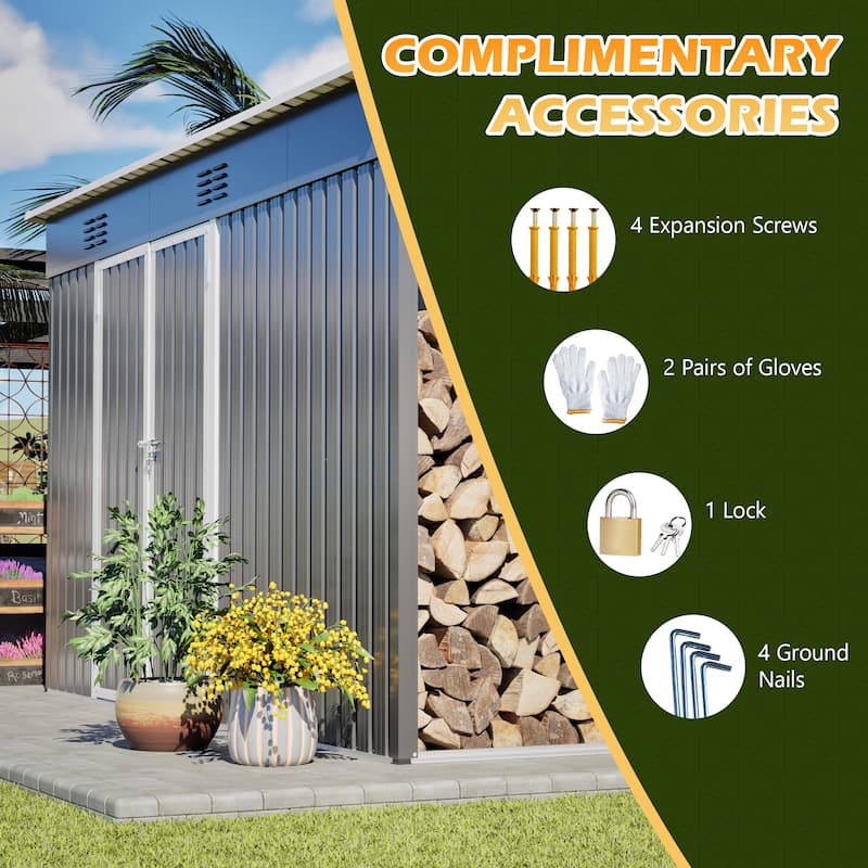 10'x4' Outdoor Steel Storage Shed with Lockable Door and Floor Frame, Metal Tool Shed Grey