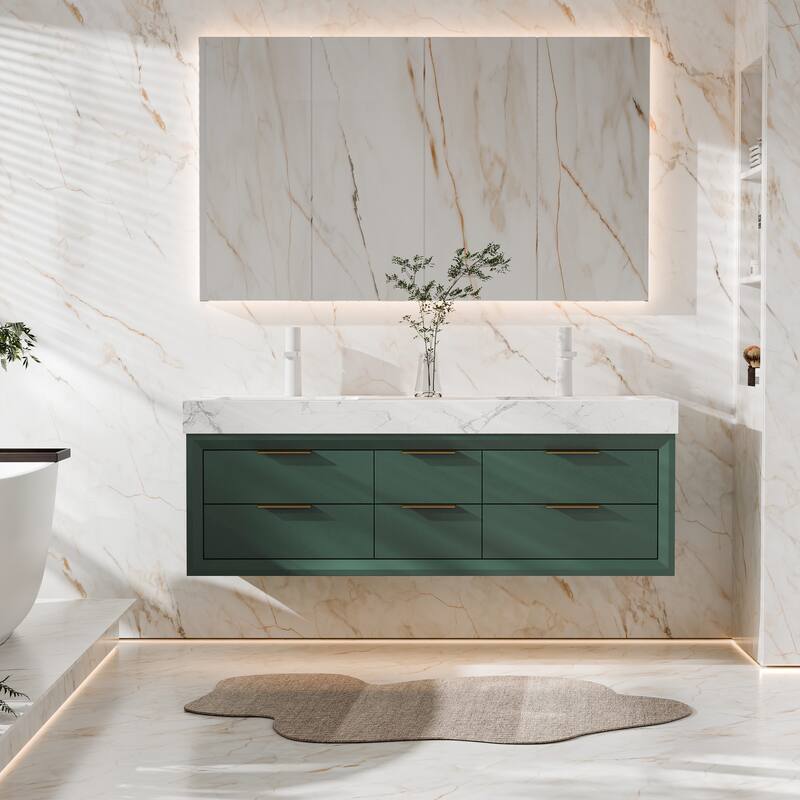 Modland 60" Modern Floating Bathroom Vanity with Double Sink, Soft-Close Drawers, White Stone Countertop - Green