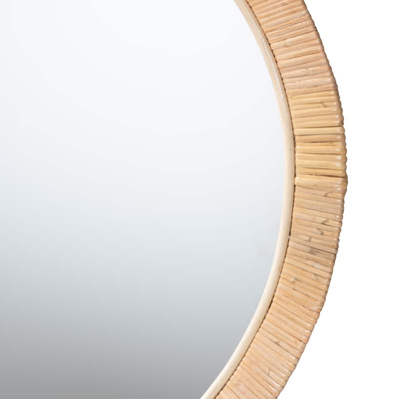 Bella Modern Bohemian Natural Brown Mahogany Wood and Natural Rattan Round Mirror - Natural Brown
