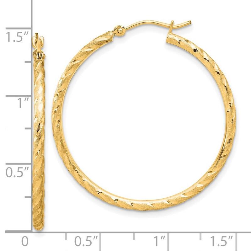 Curata 14k Yellow Gold Polished and Satin and Sparkle Cut Hoop Earrings - 35.4x35mm