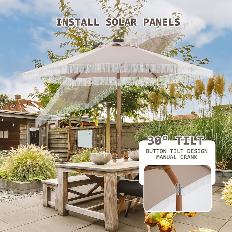 Autlaycil 7.5 ft Patio Umbrella with Tassel, 18 LED Lights Solar Umbrella
