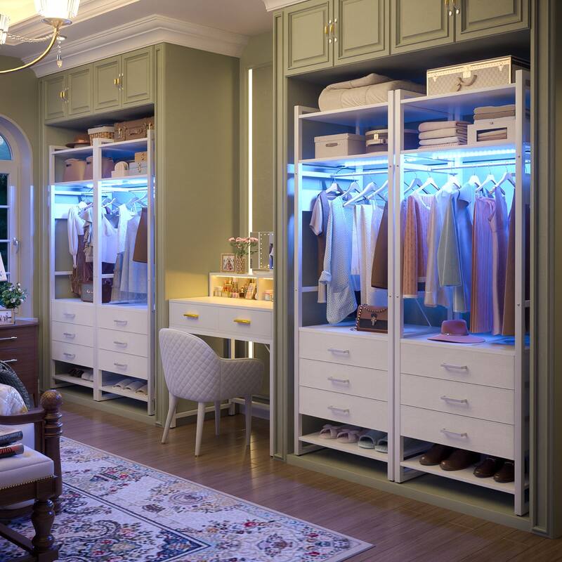 75 '' Tall Garment Rack with 3 Fabric Drawers, 4-Tier Clothing Rack with Power Outlets & LED Lights