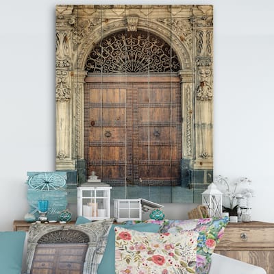 Designart 'Old Door in Catania, Italy' Vintage Print on Natural Pine Wood - Brown