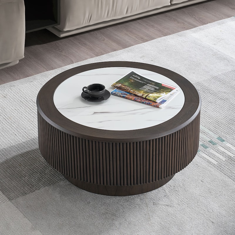 Modern Coffee Table Round Coffee Table with Faux Marble Pattern Stickers and Base, for Living Room, Dark Brown