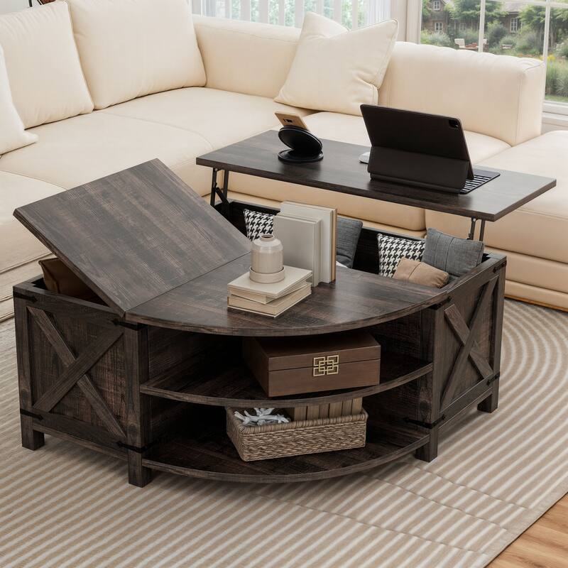 Moasis Lift Top Coffee Table with Storage Shelves, Quarter Circle Center Table for Living Room - Dark Oak
