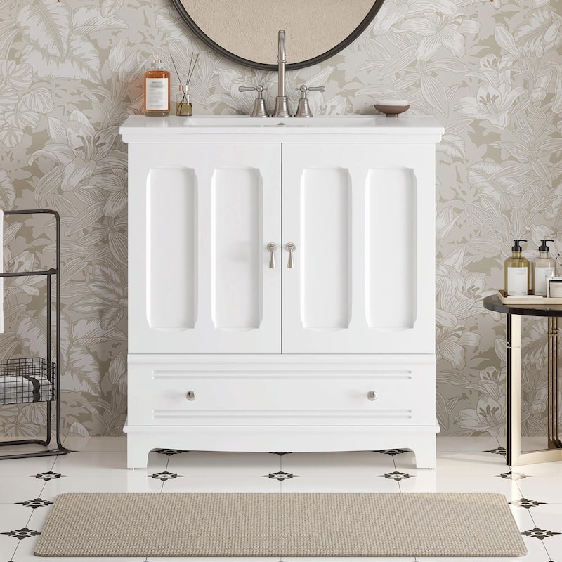 30" Bathroom Vanity with Ceramic Sink - Solid Wood Frame Bathroom Sink Cabinet with Adjustable Shelf - White