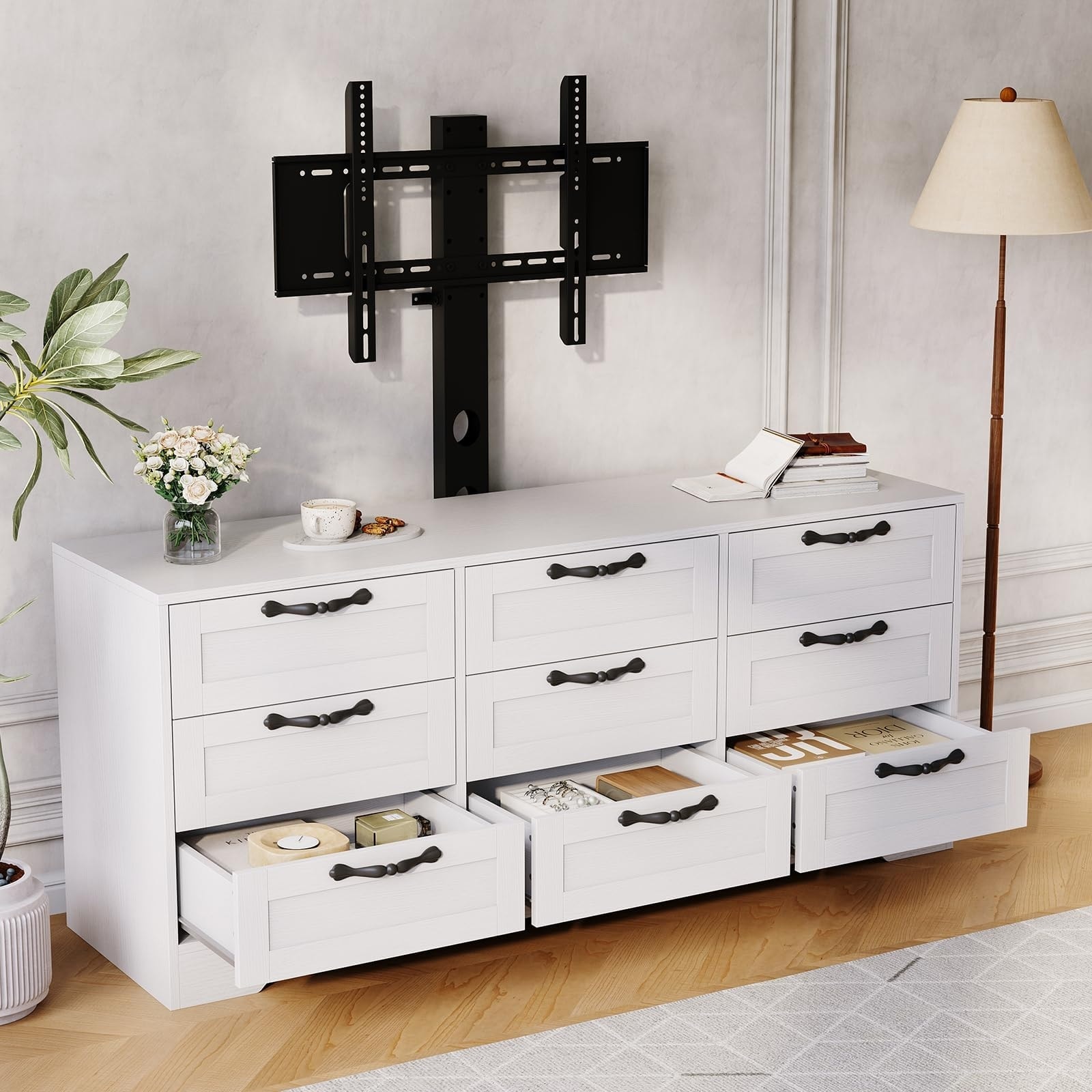 55" TV Stand with Mount for TVs 26-75", Modern Media Console with 9 Drawers & Adjustable Height TV Bracket