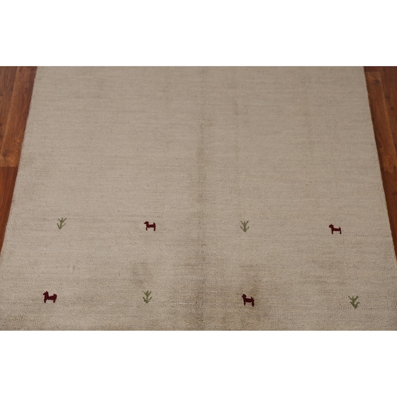 Hand Knotted Oriental 100% Wool Carpet Tribal Animal Pictorial Beige & Ivories Gabbeh Area Rug - 6' 6'' X 4' 8''