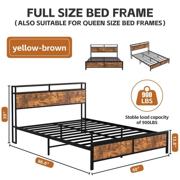dimension image slide 2 of 3, Rustic Brown Full Size Metal Industrial Bed Frame with LED Lights and USB Ports