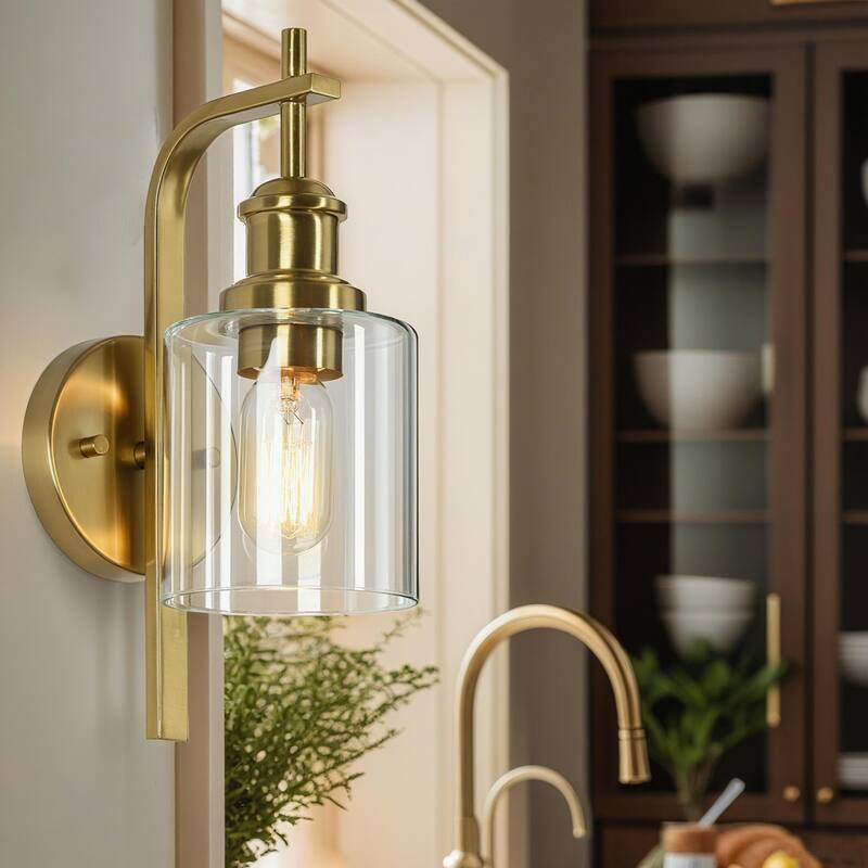 Oriva Modern 1-Light Gold Wall Sconce Cylinder Glass Bathroom Vanity Light - Brushed Electroplated Copper - W4.5"xD7.5"xH12.5"