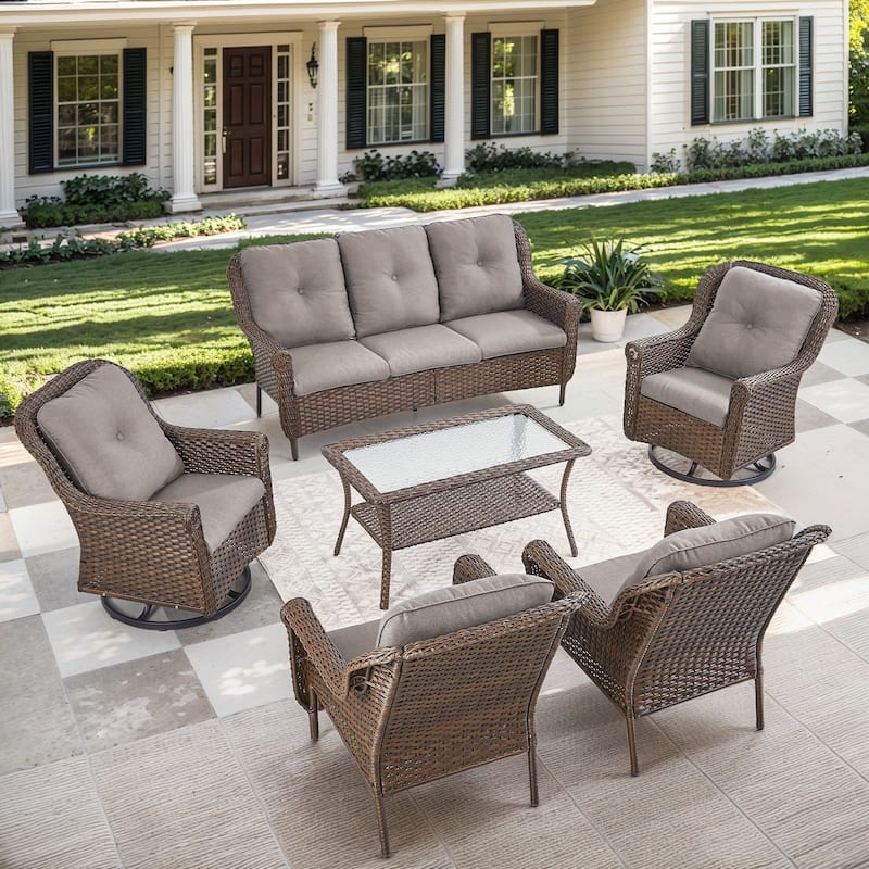 Pocassy Wicker Patio Conversation Set for Backyard - Grey Cushion - 6PCS Sofa with Patio Chair Table