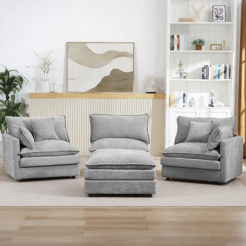 Chenille Chaise Sectional Sofa with Ottoman and 3-layers Cushions