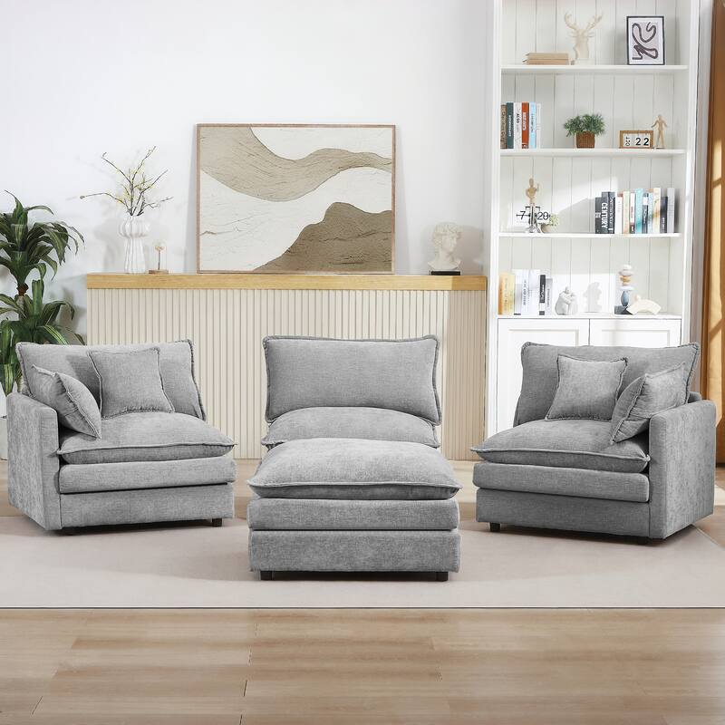 GDFStudio - Chenille Modular 3-Seater 102" L-Shaped Sectional Sofa with Ottoman