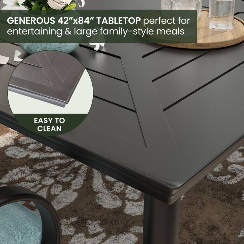 Hanover Montclair 9-Piece Dining Set in Ocean Blue with 8 Swivel Rockers and a 42-In. x 84-In. Table