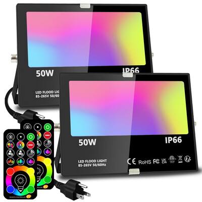 Led Flood Light 500W Equivalent, RGBW Led Outdoor Lights Colored Floodlight with Remote,50W,5000ML 2700K,120 Colors(2 Pack)