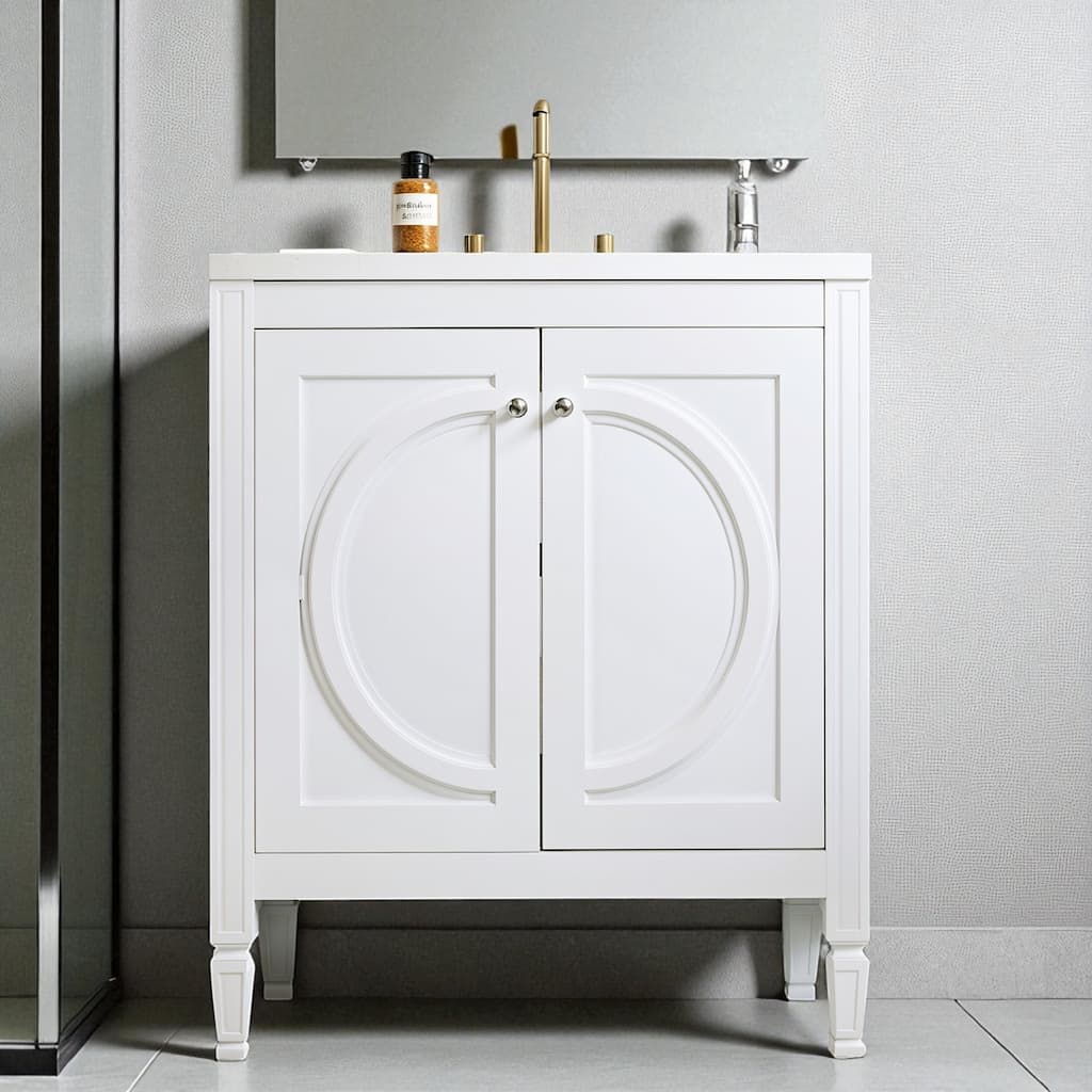 30" Vintage White Bathroom Vanity with Ceramic Sink, Soft-Close Doors, Adjustable Shelf & Modern Farmhouse Design