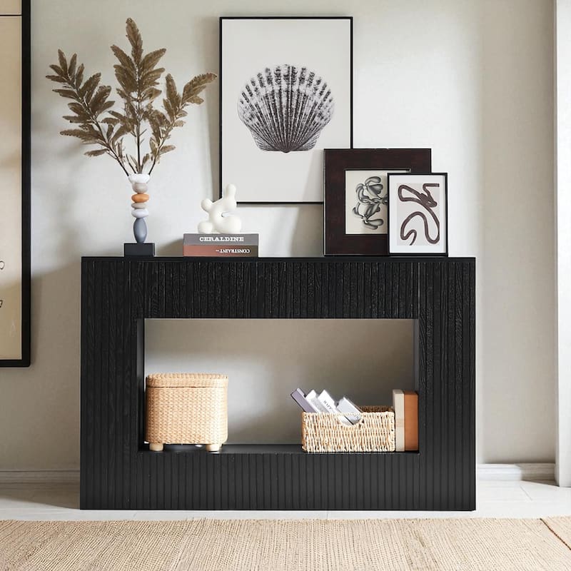 55" Modern Slatted Console Table, Narrow Entryway Table with Ash Veneer for Hallway or Foyer