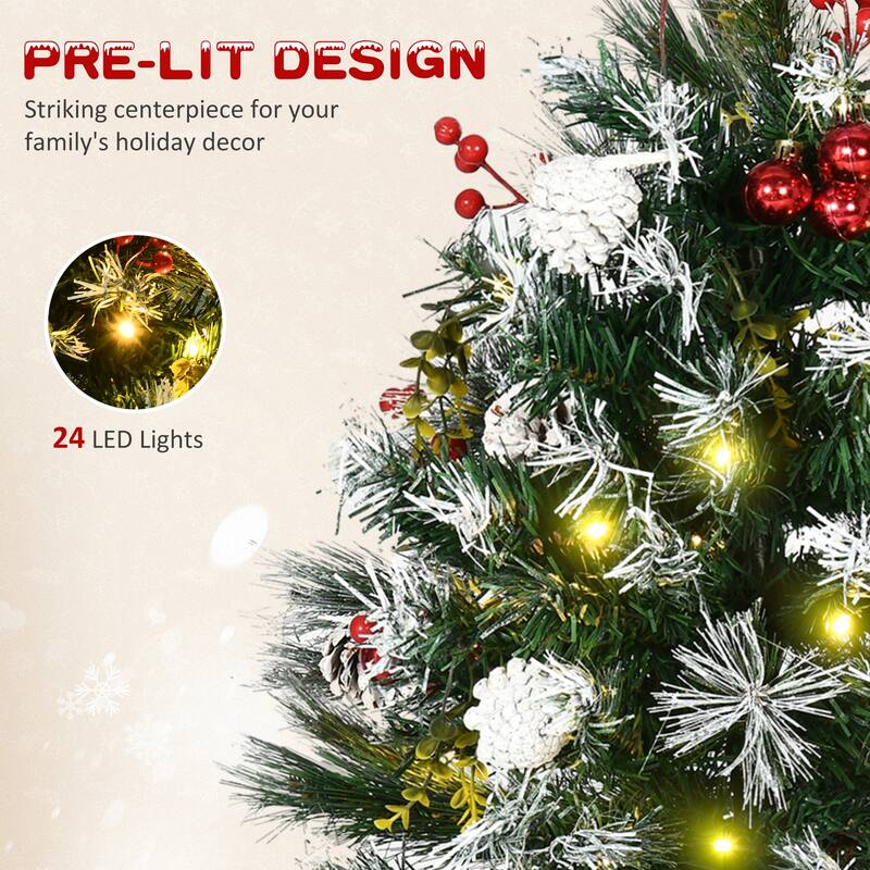 Pre Lit Artificial Christmas Trees with Snow Tips Pine Cones Berries and Ornaments Warm White LED Lights 8 Modes