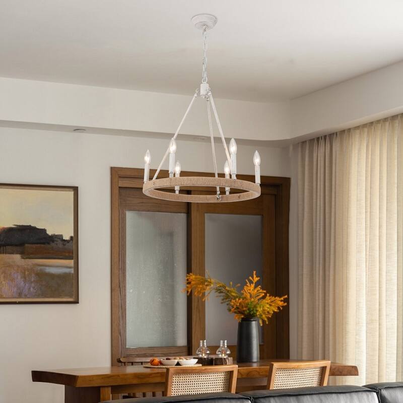 6-Light Rustic Hemp Rope Wagon Wheel Chandelier for Bedroom Foyer Entryway