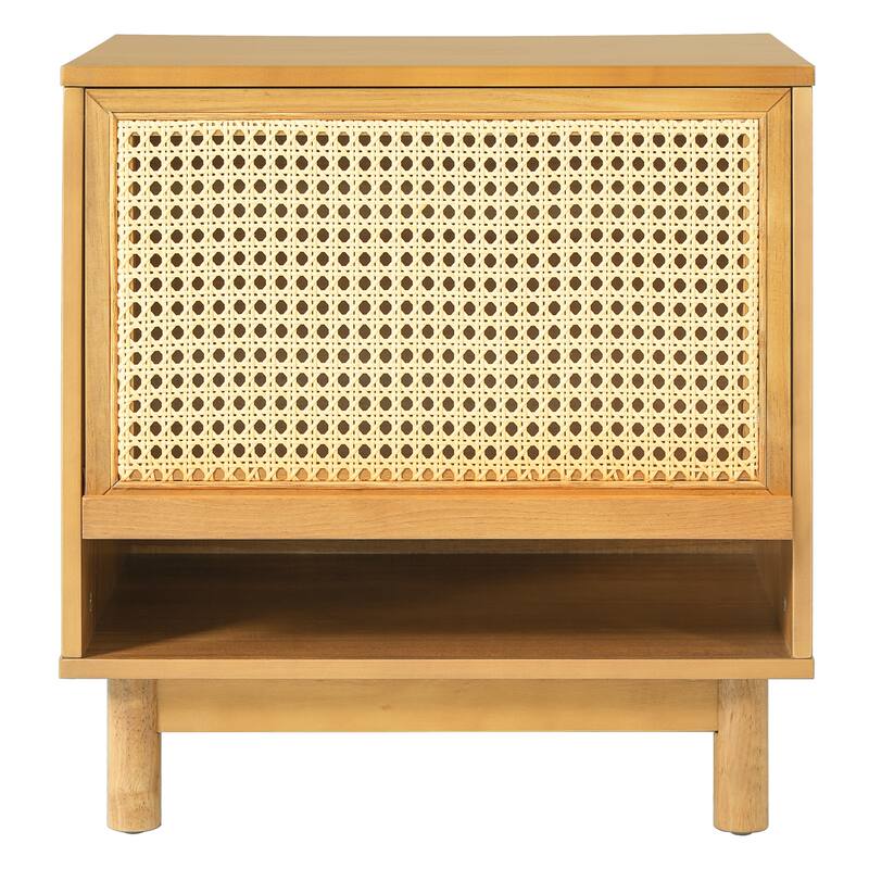Christopher Knight Home - Farmhouse Wooden Nightstand with Swing-Up Rattan Door Storage Cabinet