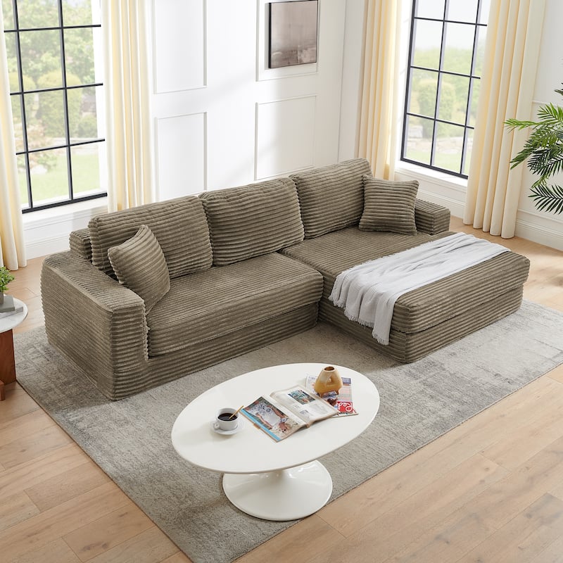 Modern Minimalist L-shape Sectional Sofa with Chaise Lounge Corduroy Compressed Folding Couch Convertible into Floor Bed