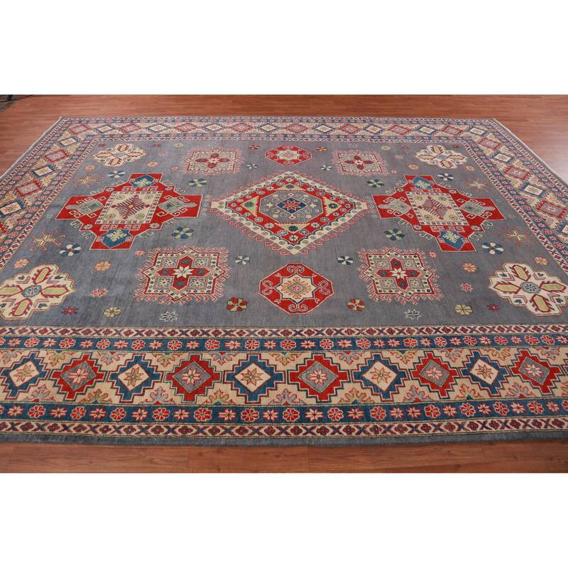 Hand Knotted Oriental 100% Wool Carpet Traditional Geometric Greys & Charcoal Kazak Area Rug - 13' 0'' X 9' 8''
