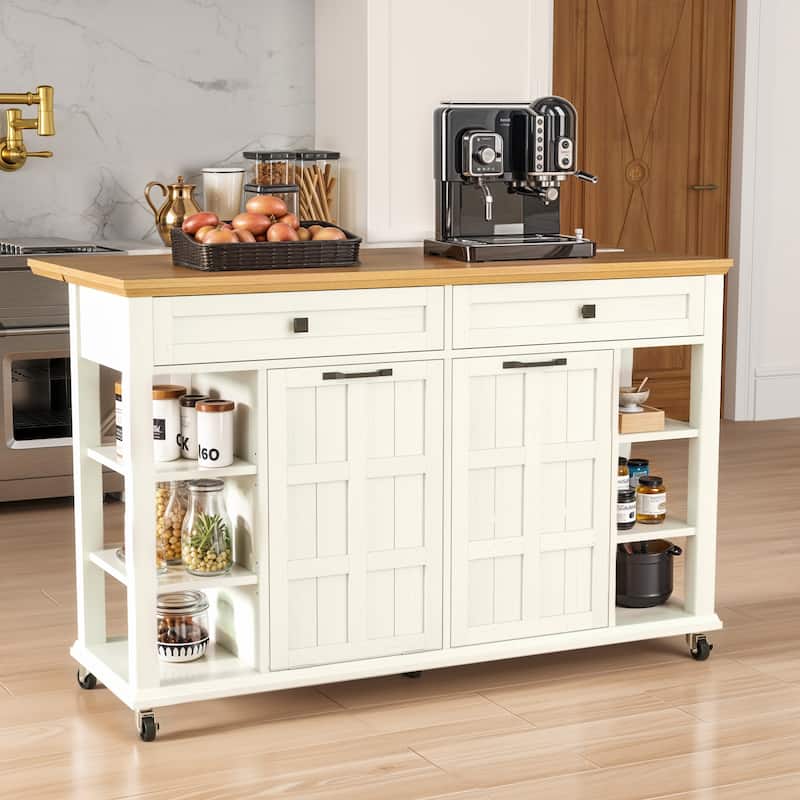 Moasis Kitchen Island with Drop Leaf and Rolling Cart on Wheels for Kitchen or Dining Room - Beige
