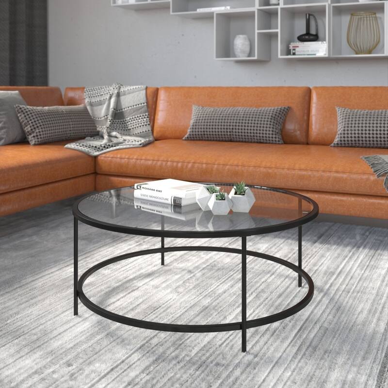 Glass Living Room Coffee Table with Round Metal Frame - Clear/Matte Black