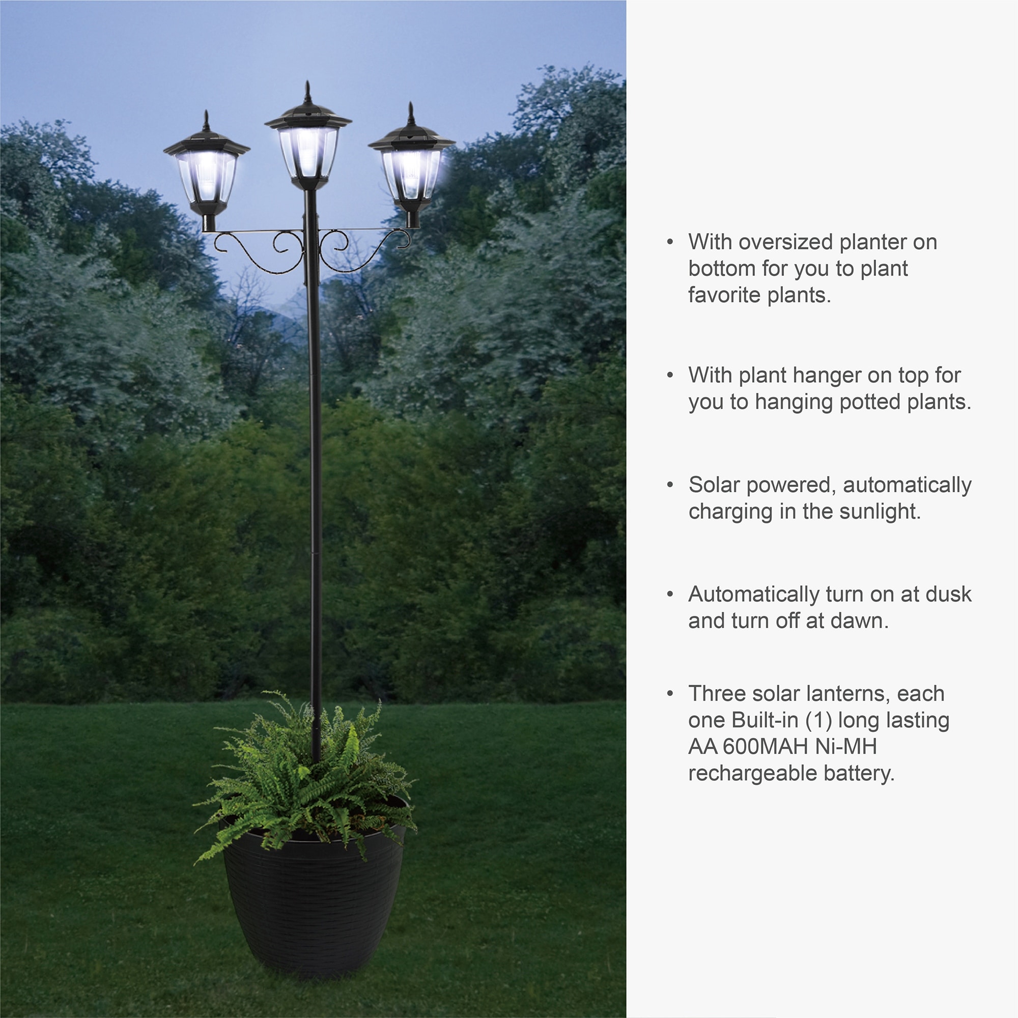 Glitzhome 6FT Solar 3 Head Lamp Street Light with Planter Pot Black