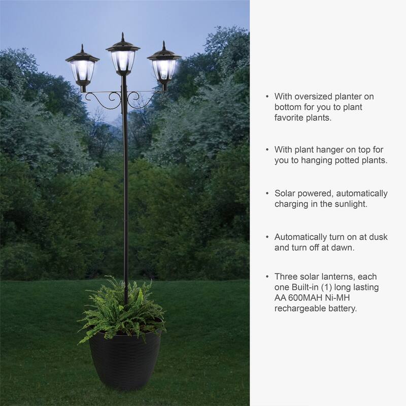 Glitzhome 6FT Solar 3-Head Lamp Street Light with Planter Pot - Black