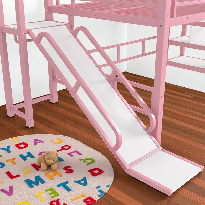 Twin/Full Metal House Loft Bed with Slide and Stairs, Kids Playhouse Bed with Roof, Storage Shelves & Guardrails