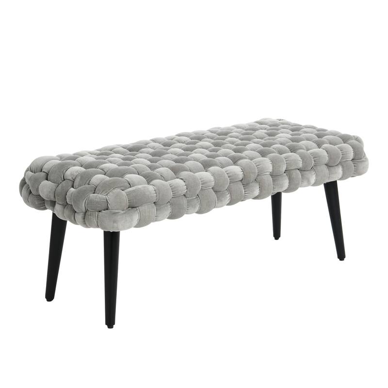 Chunky Woven Velvet Entryway Bench with Wood Legs - Grey and Black