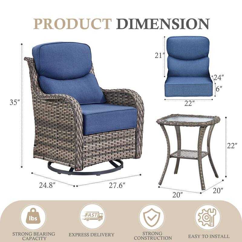 Arcadia 3-Piece Wicker Patio Swivel Glider Chairs with 6-Inch Thick Cushions and Side Table