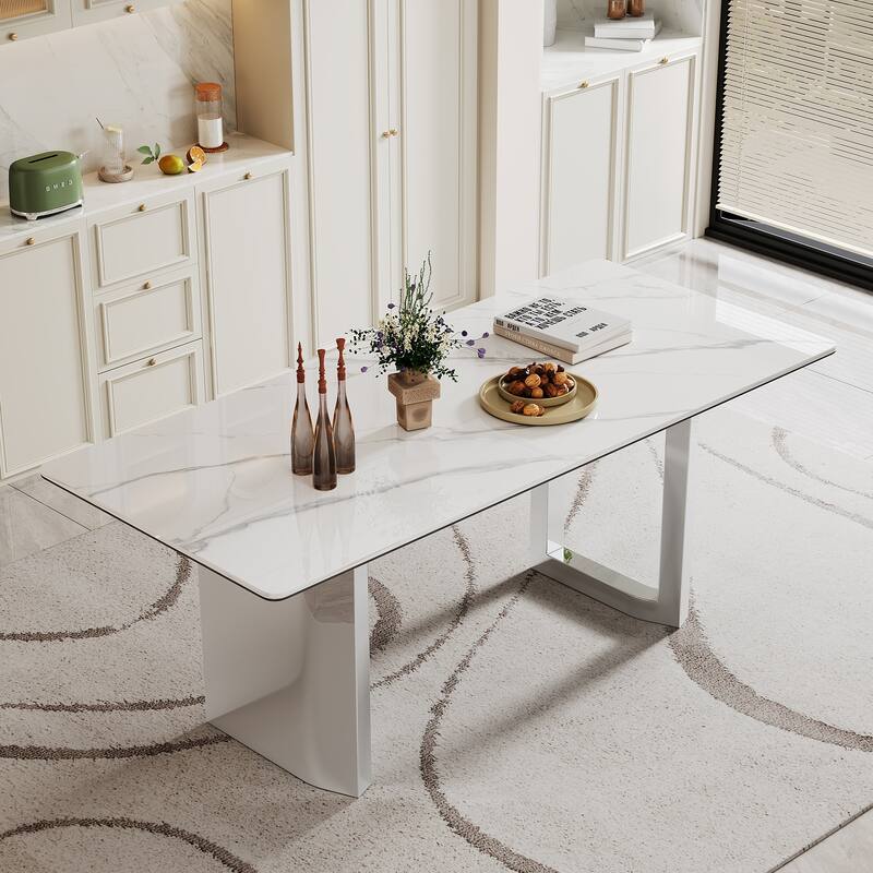 0.47" Thick Sintered Stone Composite Tempered Glass Top Rectangular Dining Table