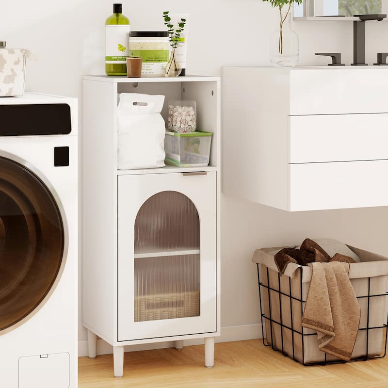 White Wooden Bathroom Floor Cabinet with Tempered Glass Door and Adjustable Storage Shelves - 14" x 12" x 35.5"