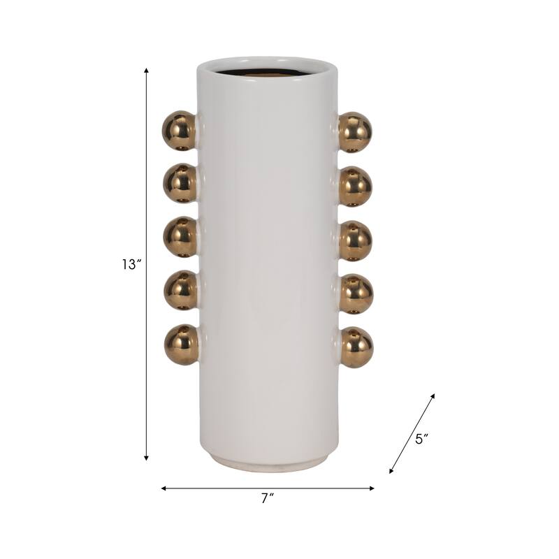 Sagebrook Home White/Gold Ceramic Cylinder Vase With Side Knobs
